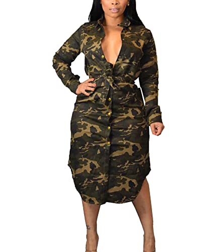xxxiticat Women's Camo Print Midi Dress Long Sleeve Button Down Single Breasted Lace Up Belted Camoufalge Pencil Dress
