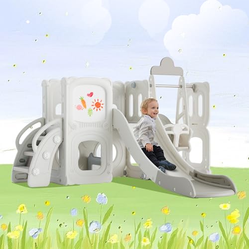 5 in 1 Toddler Slide and Swing Set, Kids Playground Climber Slide Playset with Drawing Whiteboard, Freestanding Combination for Babies