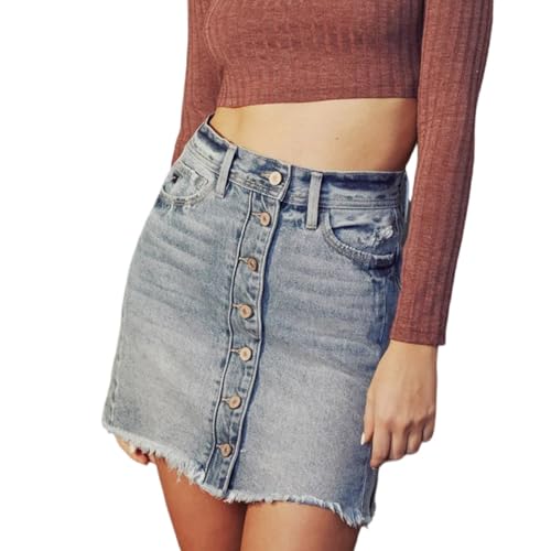 REPALY Women's Sexy Mid Waist Mini Denim Skirt, Button Front Portchop Pocket(XL)