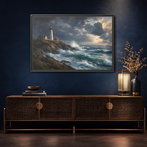 Tableau phare tempête grand format 120x80cm pour salon