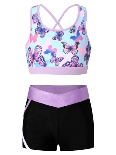 Kids Girls Dance Gymnastic Outfit Sleeveless U Neck Crop Top With Shorts Set Sport Training Dancewear Butterfly 8 Years