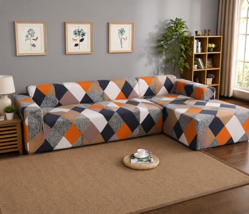 Image of Gifts Island Premium 160GSM Super Soft Orange Prism Stretchable Sofa Cover L Shape 6 Seater Fully Covered | Suitable for Both Left and Right Side Chaise Sofa (Orange Prism, 3+3 Seater)