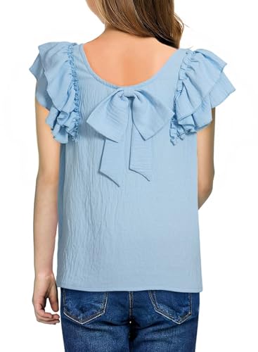 Girls Shirts Summer Cute Double Ruffle Short Sleeve Tie Back Bow Tee Tops 6-15 Years