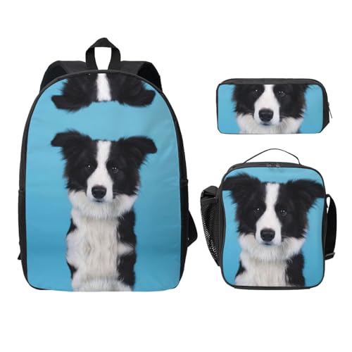 Sac à dos imprimé Border Collie 3 pièces avec sac repas isotherme et trousse noire