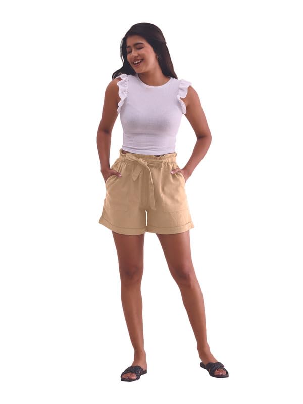Image of GO COLORS Women Solid High Rise Relaxed Fit Linen Shorts