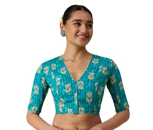 Image of Studio Shringaar Women's Cotton Printed Side Stretch (Smocked) Readymade Saree Blouse