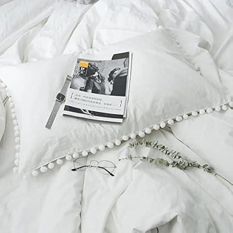 TanNicoor Pom Fringe Pillowcases,White Tassel Ball Pillow Sham Set of 2,Standard Queen Pillow Covers with Envelope Closure End,20"x26" Cover