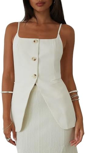 Yousify Womens Spaghetti Strap Tank Top Summer Blazer Vest Button Down Business Cami Square Neck Sexy Camisole Dressy Casual