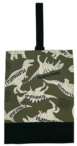 miwaki 上履き入れ シューズケース 靴袋 男の子 手提げ 小学校 幼稚園 保育園 日本製 手作り お名前タグ付き モチーフ 大柄 恐竜 ティラノサウルス T-rex カーキ ダイナソー dino KH bag13