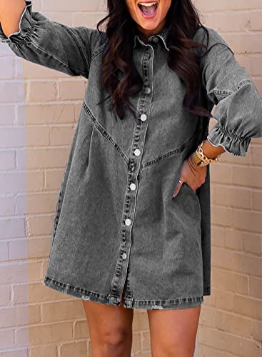Image of Sidefeel Womens Smocked 3 4 Sleeve Button Down Denim Jeans Dresses