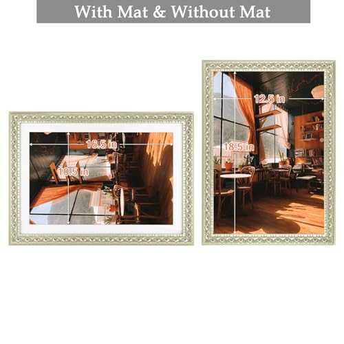 Image of Golden State Art, 13X19 Ornate Finish Photo Frame with White Mat for 11X17 Picture & Real Glass, Color: Silver Beige