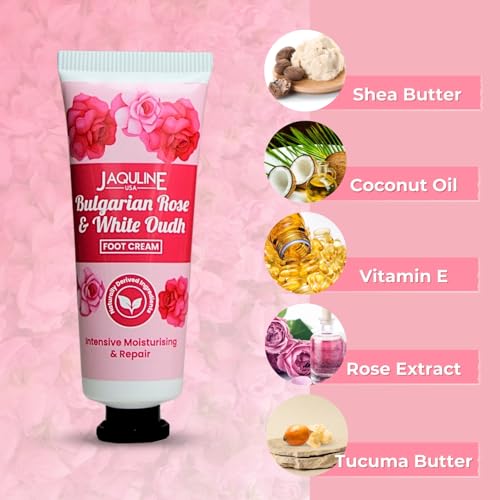 Image of JAQULINE USA Bulgarian Rose & White Oudh Foot Cream | Intensive Moisturization, Heals Cracked Heels, Softens & Hydrates Feet - 30g
