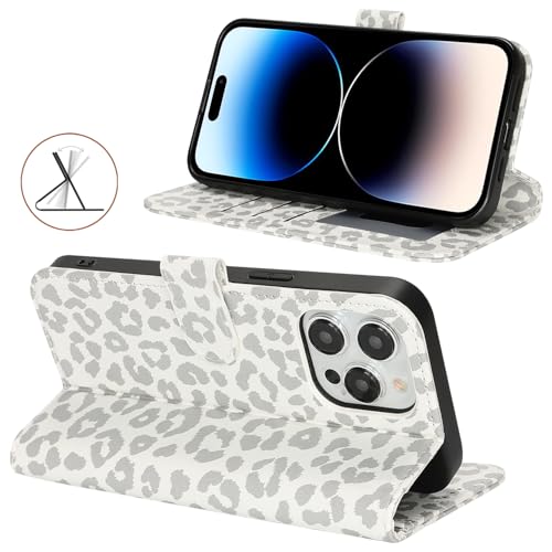 Image of for iPhone 14 Pro Max Case Wallet with Card Holder,for iPhone 14 Pro Max Wallet Case for Women Men,PU Leather Shockproof Magnetic Buckle Stand Flip Phone Case-White Leopard