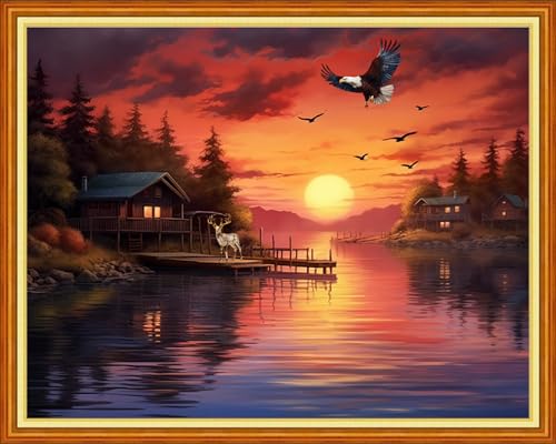 Image of Dimensean Stamped Cross Stitch Kits Full Range of Embroidery Patterns Starter Kits for Beginners Adult DIY Cross Stitches Needlepoint Kits 11CT-Sunrise Eagle by the Lake 16x20 inch