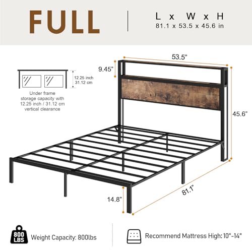 Image of Full Size Bed Frame with Headboard, Metal Platform Bed Frame with LED Lights & Charging Station, Under Bed Storage, Solid and Stable, No Box Spring Needed, Noise Free, Easy Assembly, Vintage Brown