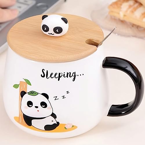 Image of BonZeal Ceramic Panda Mug Set - 4 Tea Coffee Cups With Lid and Spoon - Birthday, Christmas, New Year Gift for Kids, Friends, Secret Santa - 400 ml