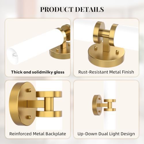 Image of Wall Sconces Set of 2, Gold Hardwired Bathroom Light Fixtures, Modern Bathroom Vanity Wall Lighting with Milky White Glass Shade, Farmhouse Wall Sconce for Bedroom Living Room Hallway