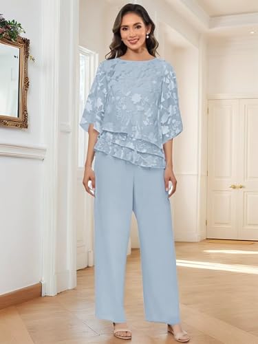 2 Piece Mother of The Bride Pant Suits for Wedding Floral Chiffon Formal Pant Suit for Women Dressy Wedding Guest Outfits4