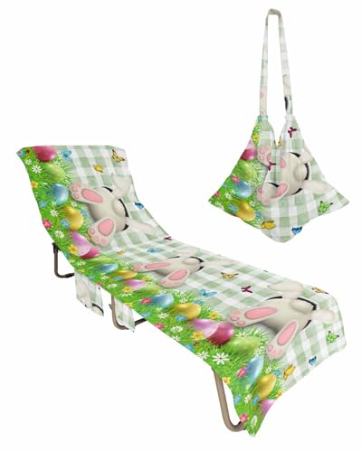 Easter Bunny Butt Beach Chair Towel Covers for Chaise Lounge with Side Pocket, Soft Plush Pool Towels Cover for Patio Sunbathing Outdoor 29''x85'' Green Buffalo Plaid Eggs Spring