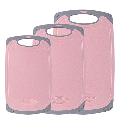 IMPR3·TREE Cutting Boards for Kitchen with Easy Grip Handle w/Juice Grooves and Spice Herb Grinder Set of 3 (16.5 x 13.9 inch/ 15.7 x 11.4 inch/8.26 x 9.65 inch), Pink