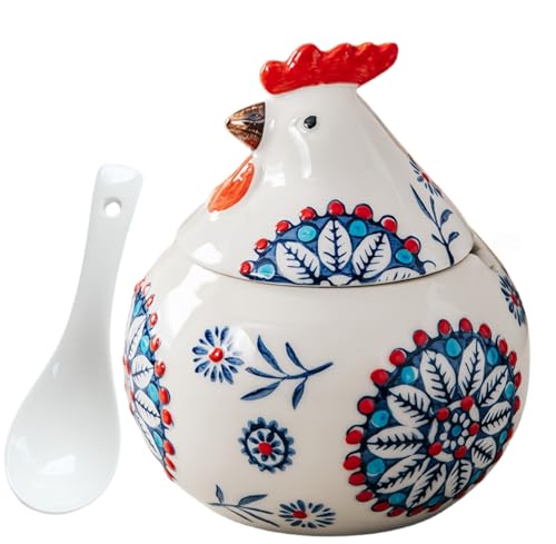 stablerice 14OZ Ceramic Salt Cellar with Lid and Spoon,Chicken Salt Container with Spoon, Salt Jar for Counter, Coffee, Sugar, Spices and Candies, Salt and Sugar Container sets for Countertop