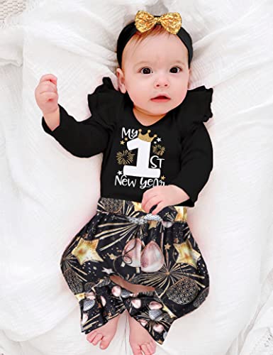 My First New Years Baby Girl Outfit 2025 Baby Girl Ruffle Romper Fireworks Flared Pants Headband 4 Pcs3