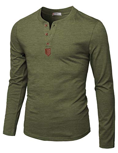 H2H Mens Casual Slim Fit Basic Henley Long Sleeve T-Shirt OliveGreen US M/Asia L (CMTTL0103)