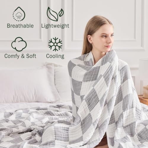 Image of EMME Muslin Blanket Adults Checkered Cotton Grey Throw XL 50 inchx70 inch