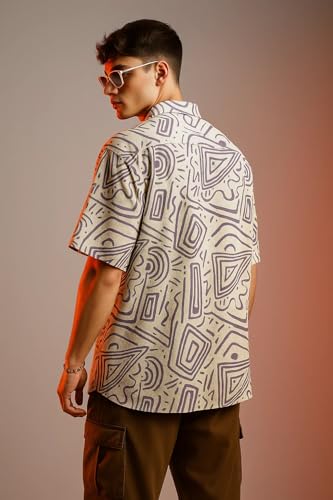 Image of Veirdo Poly Cotton Oversized Loose Baggy Fit Drop Shoulder Cool and Stylish Abstract Print Men Camp Collar Shirt