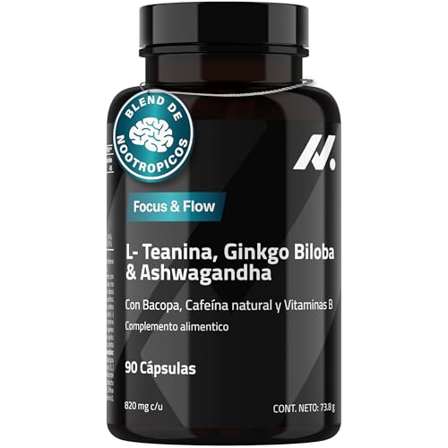 L Teanina, Ginkgo Biloba & Ashwagandha | Nootrópico con Bacopa, Cafeína Natural, Vitaminas B6 y B12 | Foco & Concentración, Claridad mental, Energía sin nerviosismo para Estudio y Trabajo, 90 Cápsulas