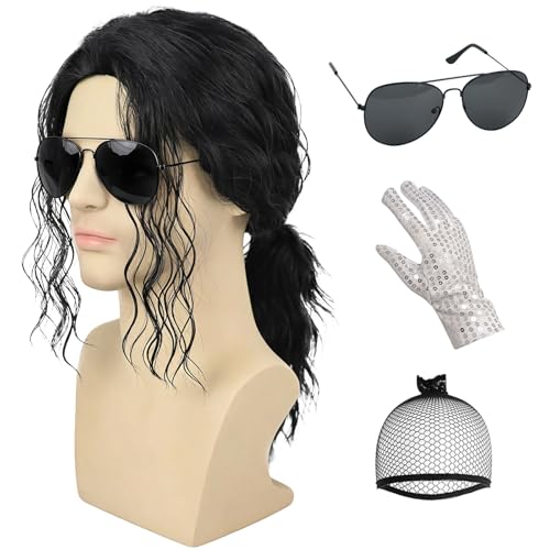 YTbeauty 5Pcs Set- Black Curly Wig + Sequin Glove + Sunglasses + Hair Tie + Wig Cap for Men Women Performance Costume Cosplay Halloween & Dress-Up Events