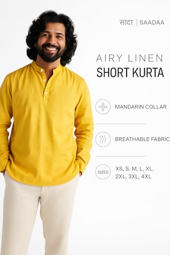 Image of SAADAA Men's Short Kurta - Linen Cotton Blend, Airy Fabric, Regular Fit, Mandarin Collar, Solid Color - Casual, Festive & Ethnic Wear