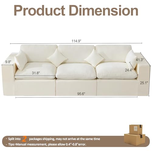 Image of 115''Cloud Boneless Sectional Couch, Modular Sectional Sofa Deep Seat, Oversized Upholstered Convertible Comfy 3 Seater Chenille Memory Foam Sofa Couches for Living Room, Beige