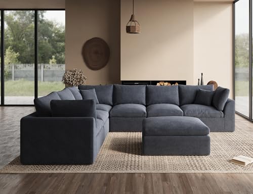 Oversized Cloud Couches for Living Room, Convertible Sectional Couch with Ottoman, 7 Seater Large Modular Sectional Sofa, Grey