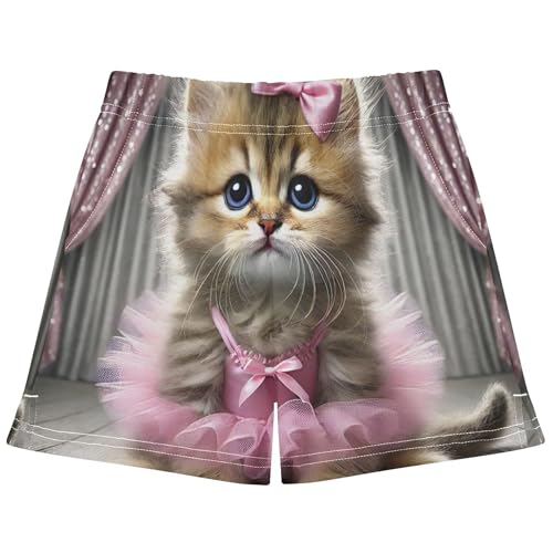 Girls & Athletic Shorts Sweet Elegant Kitten Ballerina Print Cute Casual Summer Activewear Sleep Shorts, X-Small