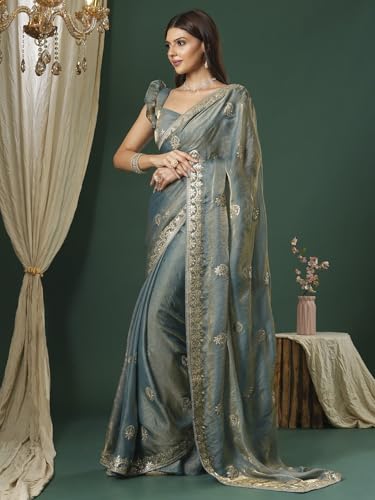 Image of SAREE MALL Women's Satin Silk Embroidered Saree With Unstitched Blouse (KRIYNS4001 KH Parent)