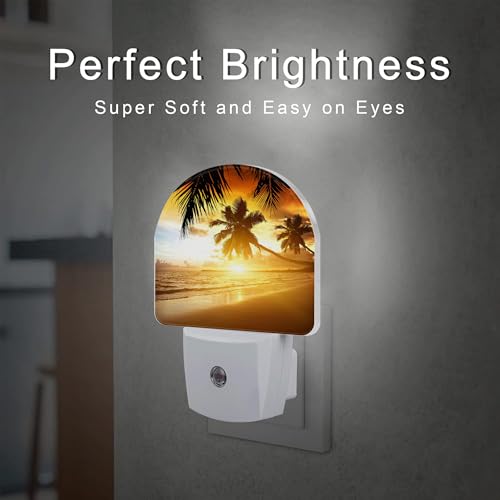 Image of Tropical Ocean Beach Night Light, Palm Trees at Sunset Dusk to Dawn Night Light Plug in,0.5w Energy Saving Sleep Friendly NightLight for Kids Boys Girls Home Decor