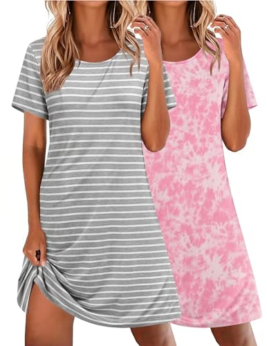 Ekouaer 2 Pack Nightgowns for Women Sleepshirt Short Sleeve Night Shirts Soft Sleep Dress Classic NightDress (Pink Tie Dye+Grey Stripe, Large)