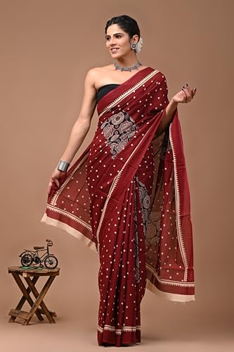 Image of Crafts Moda Hand Block Ajrakh Print Cotton Saree for women with Blouse | Soft comfortable wear sari