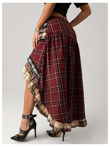 Verdusa Women's Tartan Plaid Maxi Skirt Layered Ruffle Asymmetrical Long Skirts2