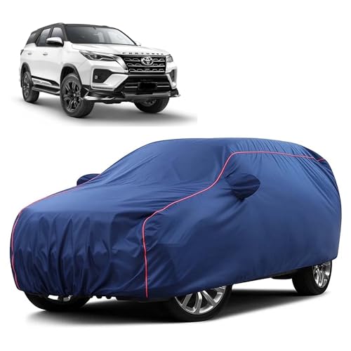 Image of Sulfar 100% Water Resistant Car Body Cover Compatible with Mirror for Toyota Fortuner (Triple Stitched, Full Bottom Elastic, Blue Taffeta with Red Piping)
