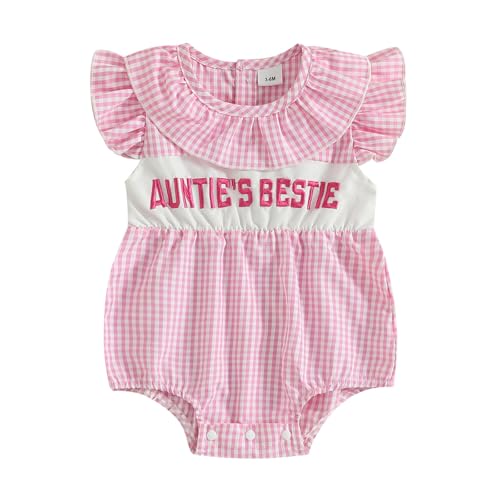 Aunties Bestie Baby Girl Clothes Aunt Saying Letter Embroidery Smocked Bubble Romper One-piece Ruffle Plaid Bodysuit