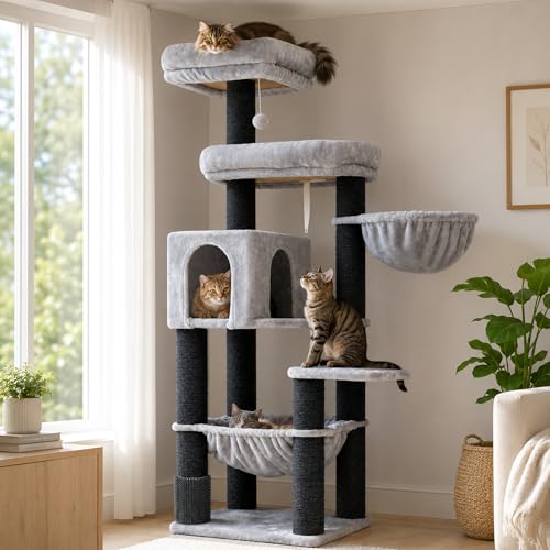 Hey-brother XXL Grand arbre à chat pour Maine Coon, 168 cm, arbre à chat pour grands chats, avec hamac surdimensionné, poteaux en sisal (φ11 cm) et...