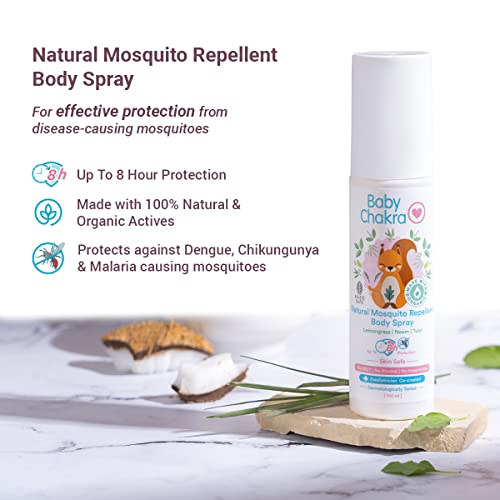 Image of BabyChakra Mosquito Repellent Spray for Babies & Kids Up To 8 Hours Protection, 100% Natural Ingredients Dermatologically Tested, Protects from Dengue Malaria Chikungunya 100 ml (Pack of 2)