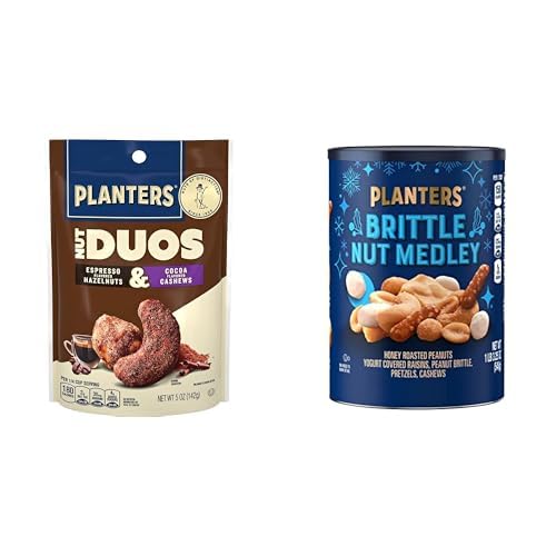 Image of PLANTERS Nut Duos, Flavored Nuts Snack Pack - Cocoa Cashews & Espresso Hazelnuts 5oz + PLANTERS Holiday Brittle Nut Medley Trail Mix, 1lb.
