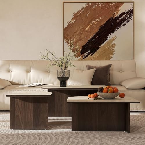 Hyfirm Modern Coffee Tables Set for Living Room, 3-Piece Faux Marble Tabletop with Deep Walnut Wood Legs, Mid-Century Nesting Table, Rectangular Centerpiece for Apartment & Lounge