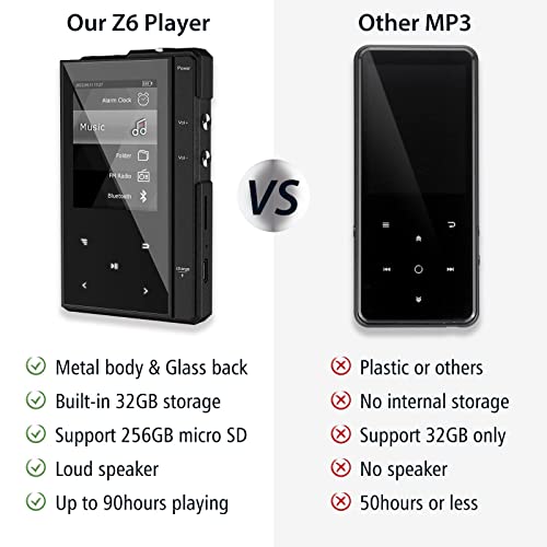 Image of 96 GB MP3 Player with Bluetooth 5.0, Phinistec Z6 Digital Audio Player with Speaker, 2.4 Inch IPS Music Player, Super Battery Life, FM Radio, E-Book, Video, Voice Recording up to 256 GB