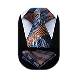 HISDERN Blue Brown Ties for Men Wedding Plaid Necktie Classic Check Silk Woven Tie & Pocket Square Set Gingham Formal Business Neckties handkerchief
