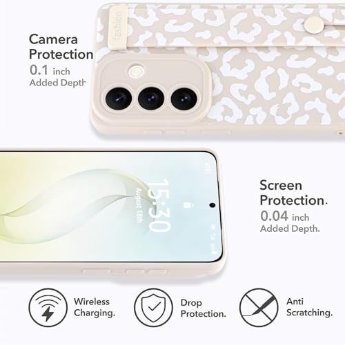 Image of Compatible with Samsung Galaxy S26 Plus Case with Strap Wrist White | Cheetah Print Shockproof Soft TPU Protective Cover for Women Girls, Slim Anti Scratch Case 6.7 Inch, White