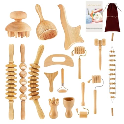 16Pcs Wood Therapy Massage Tools Set Maderoterapia Massage Kit with Wooden Gua Sha Tools Body Sculpting & Lymphatic Drainage Massager Muscle Relaxation Roller for Face Back Legs & Full Body
